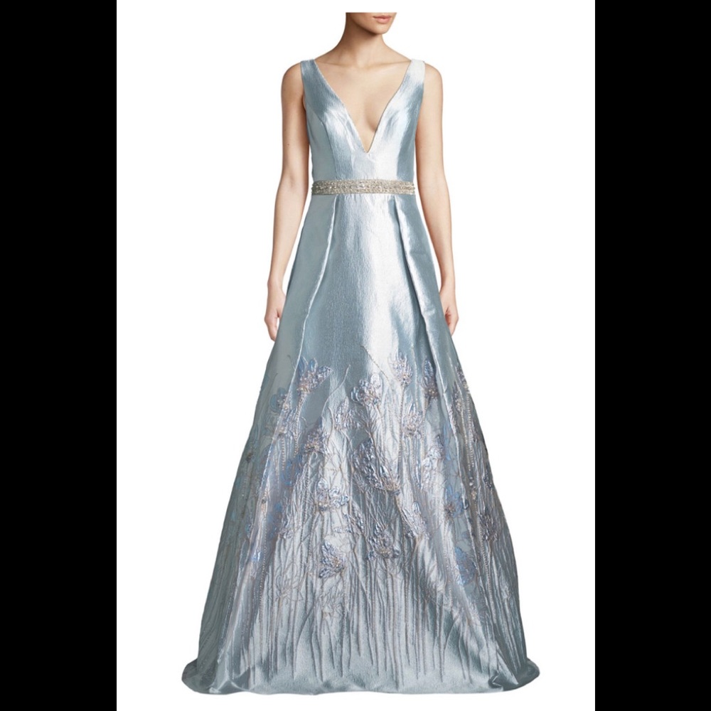 Jovani Plunge-Neck Gown in Metallic Jacquard, S 8